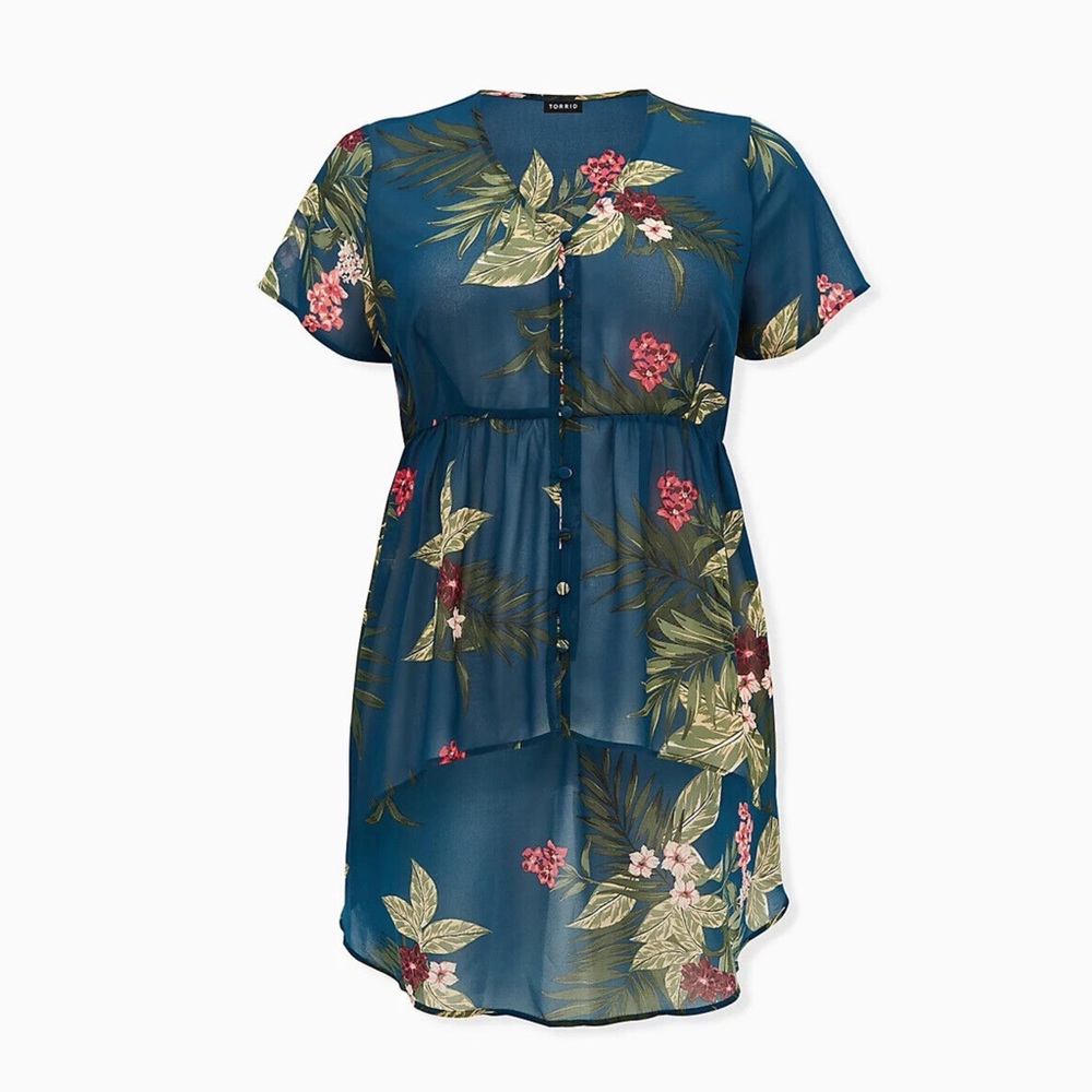 Torrid Teal Tropical Floral Chiffon Hi Low Babydoll Tunic Top 1X Boho Resort